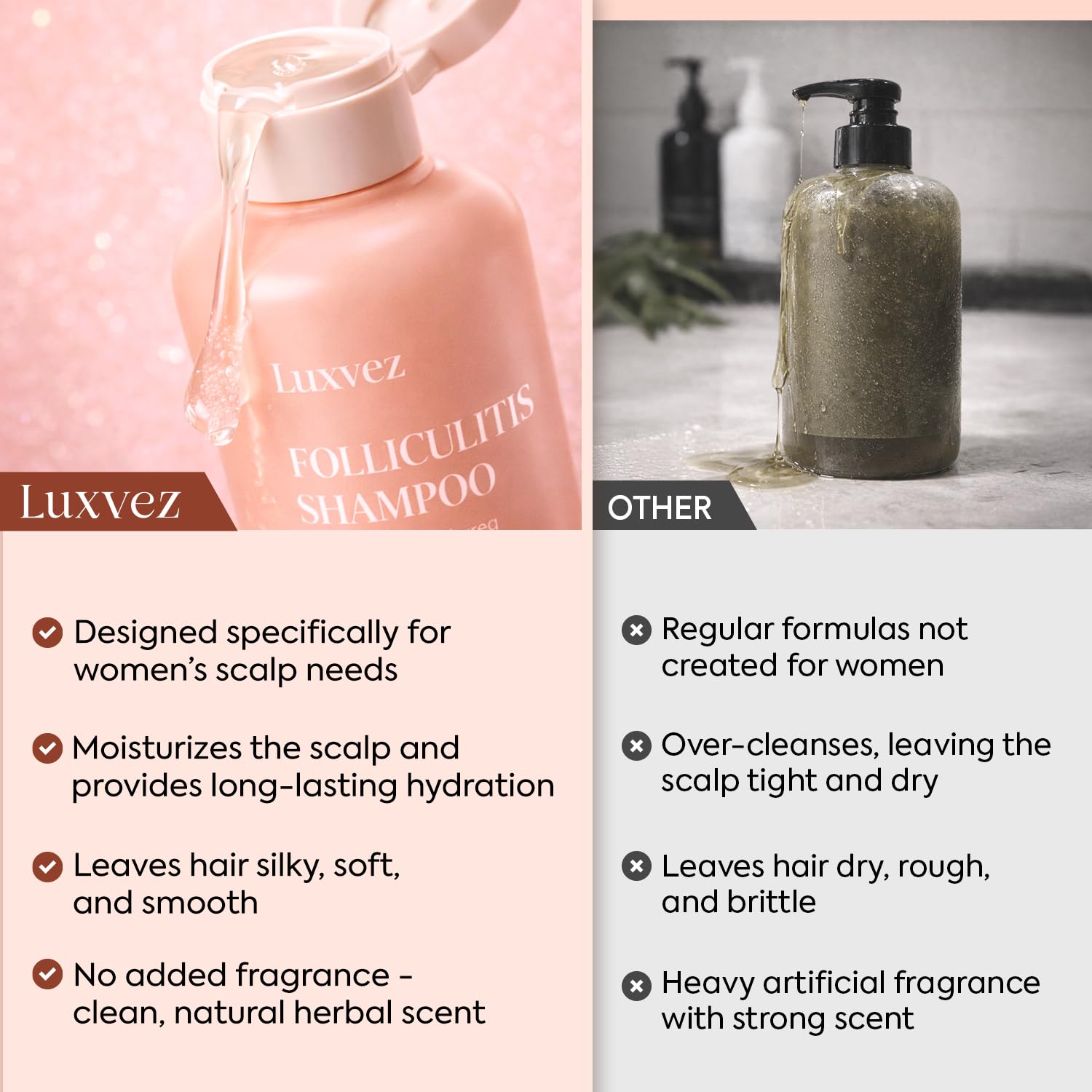 Espuma suave de Luxvez en cabello mojado, sensación refrescante al enjuagar.