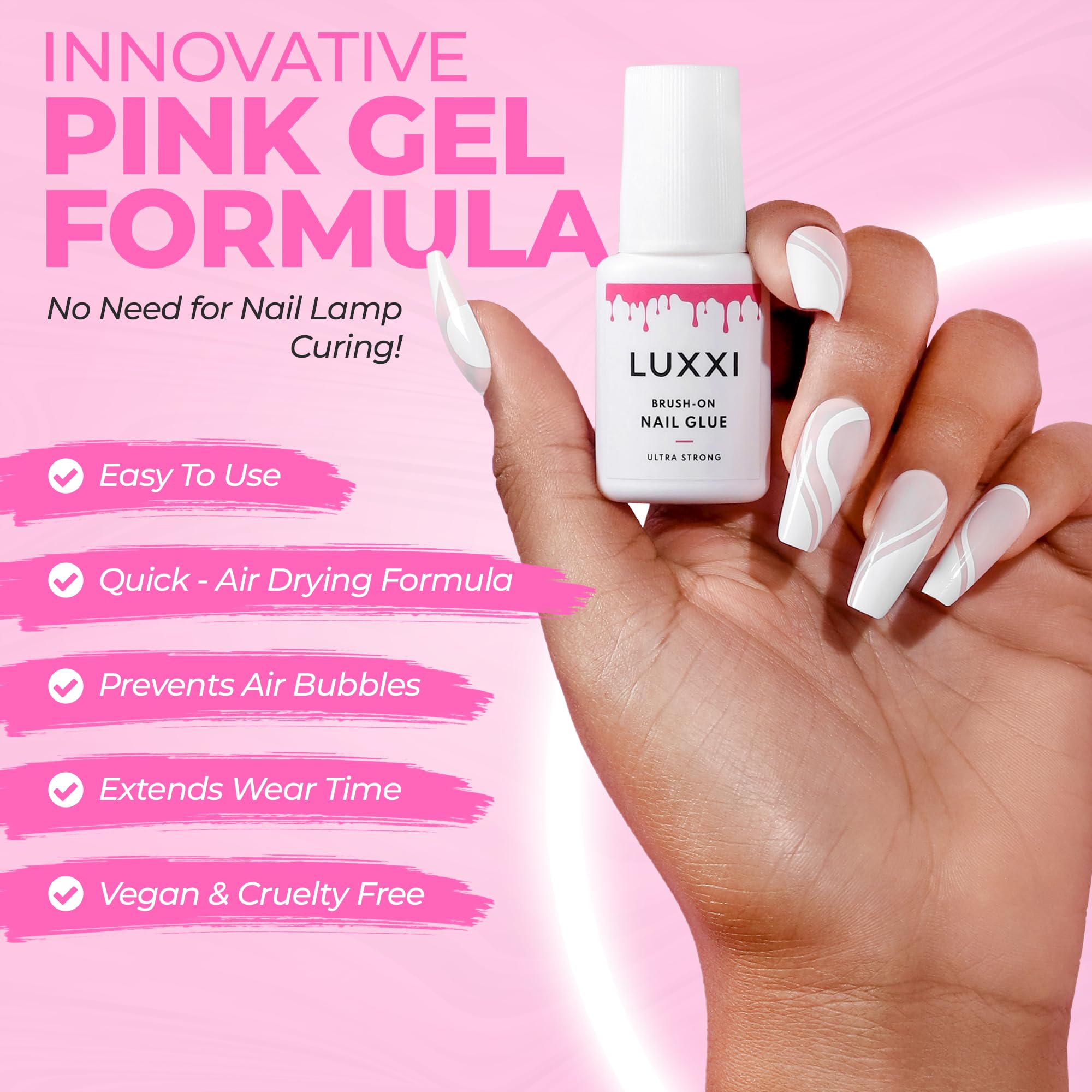 LUXXI brocha aplicadora precisa para uñas postizas con acabado limpio.