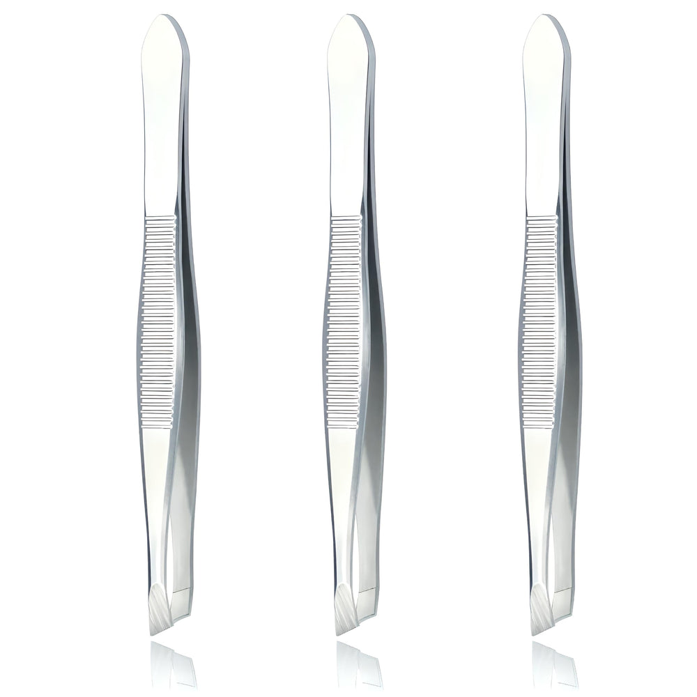 LUXXII slant tweezers close-up with 25-degree tip for precise brow shaping.