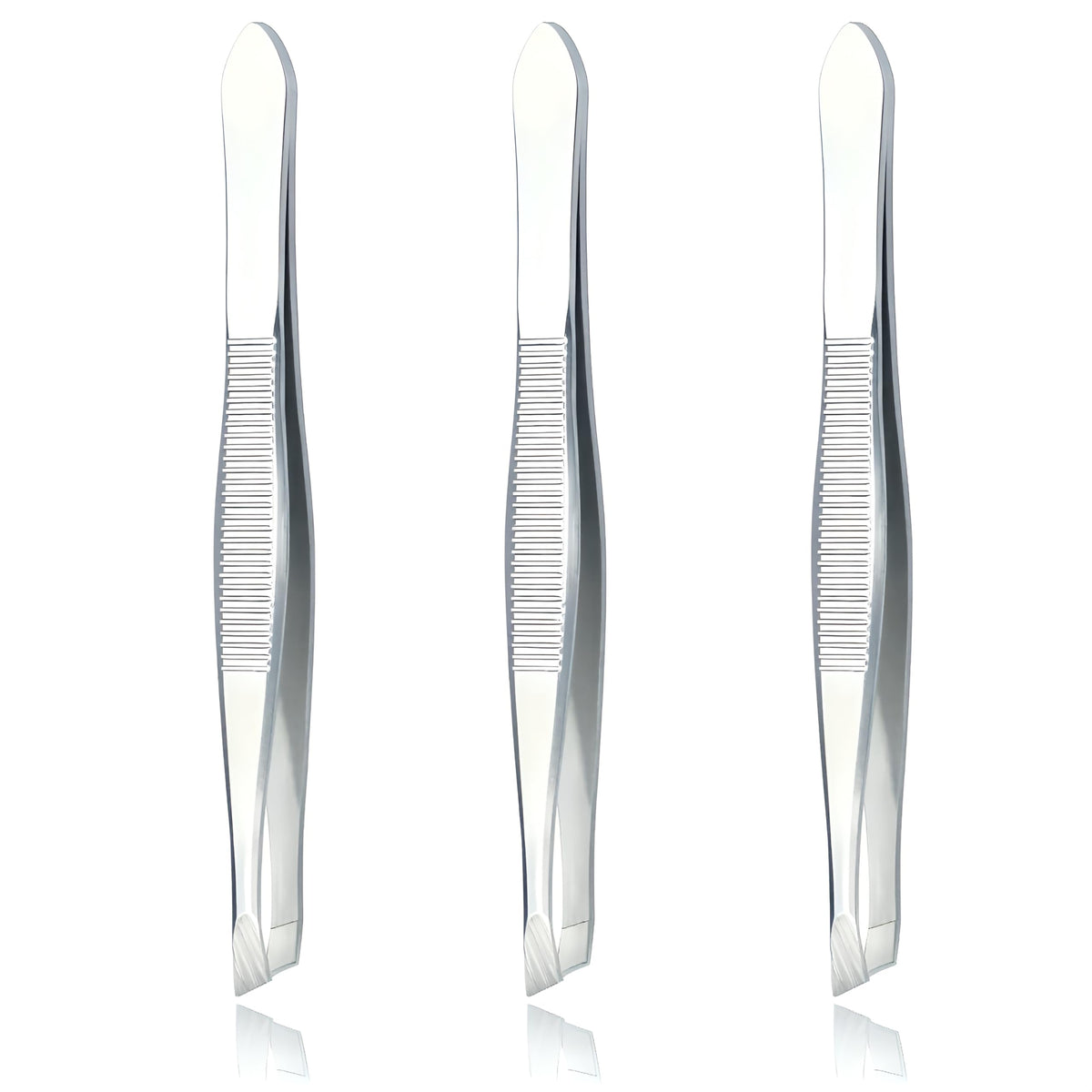 LUXXII slant tweezers close-up with 25-degree tip for precise brow shaping.
