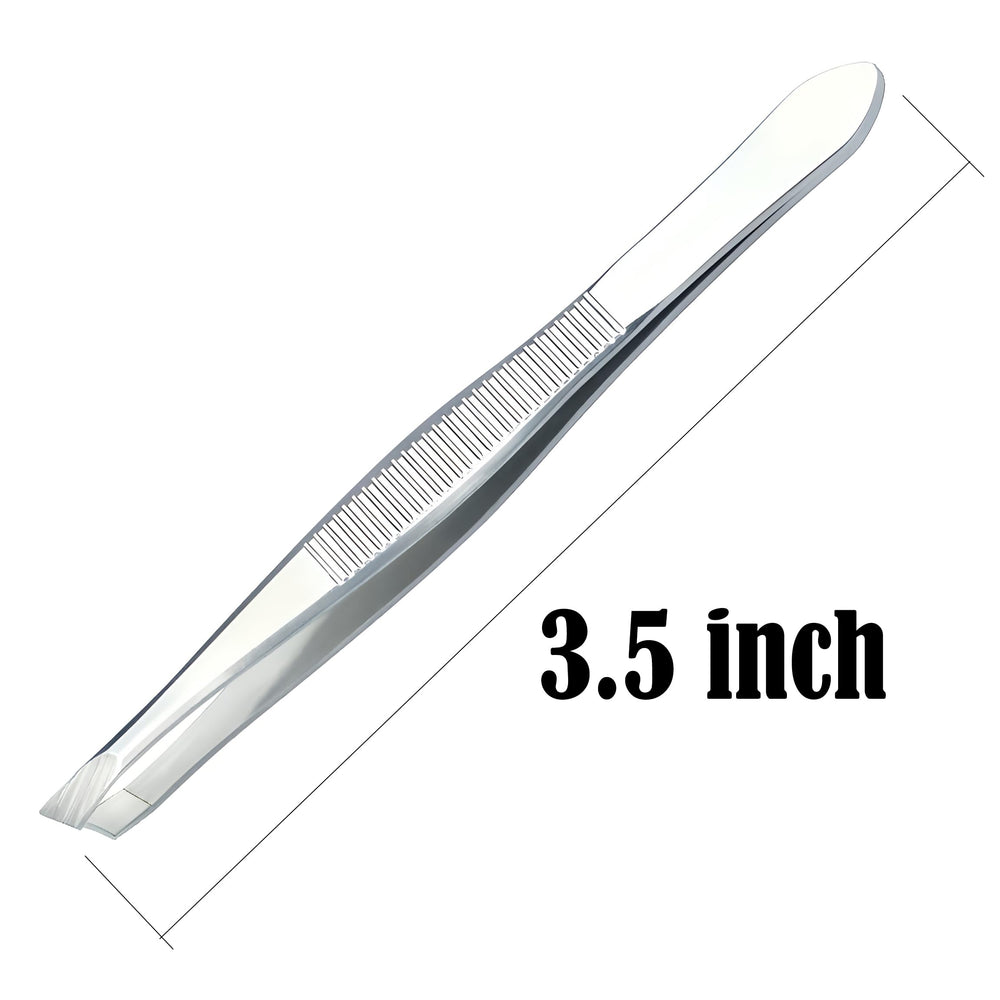 LUXXII stainless steel slant tweezers handle detail emphasizing durability for daily grooming.