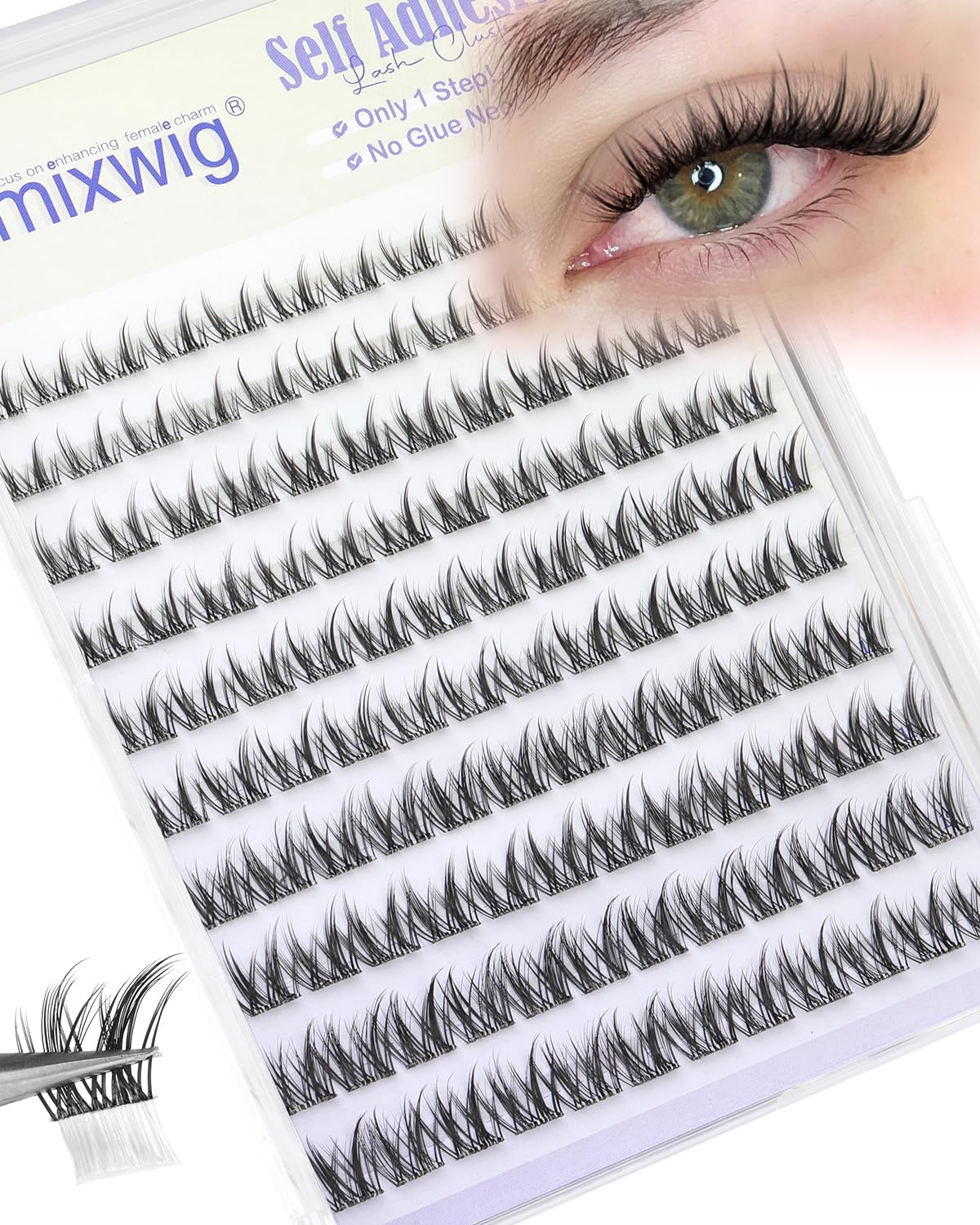 Lvmixwig short self-adhesive lash clusters with built-in strip for quick, glue-free application.