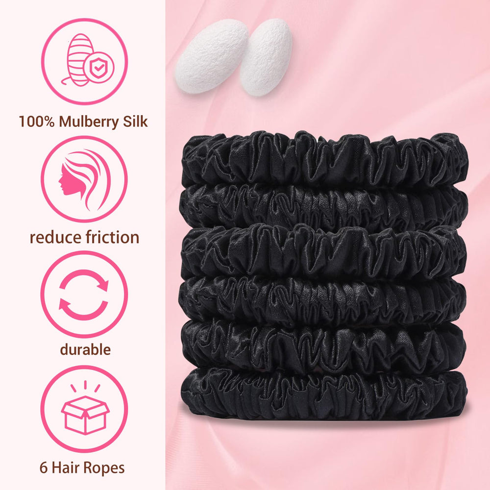 Close-up of Lwoeo mulberry silk scrunchies showing smooth texture and low snag.