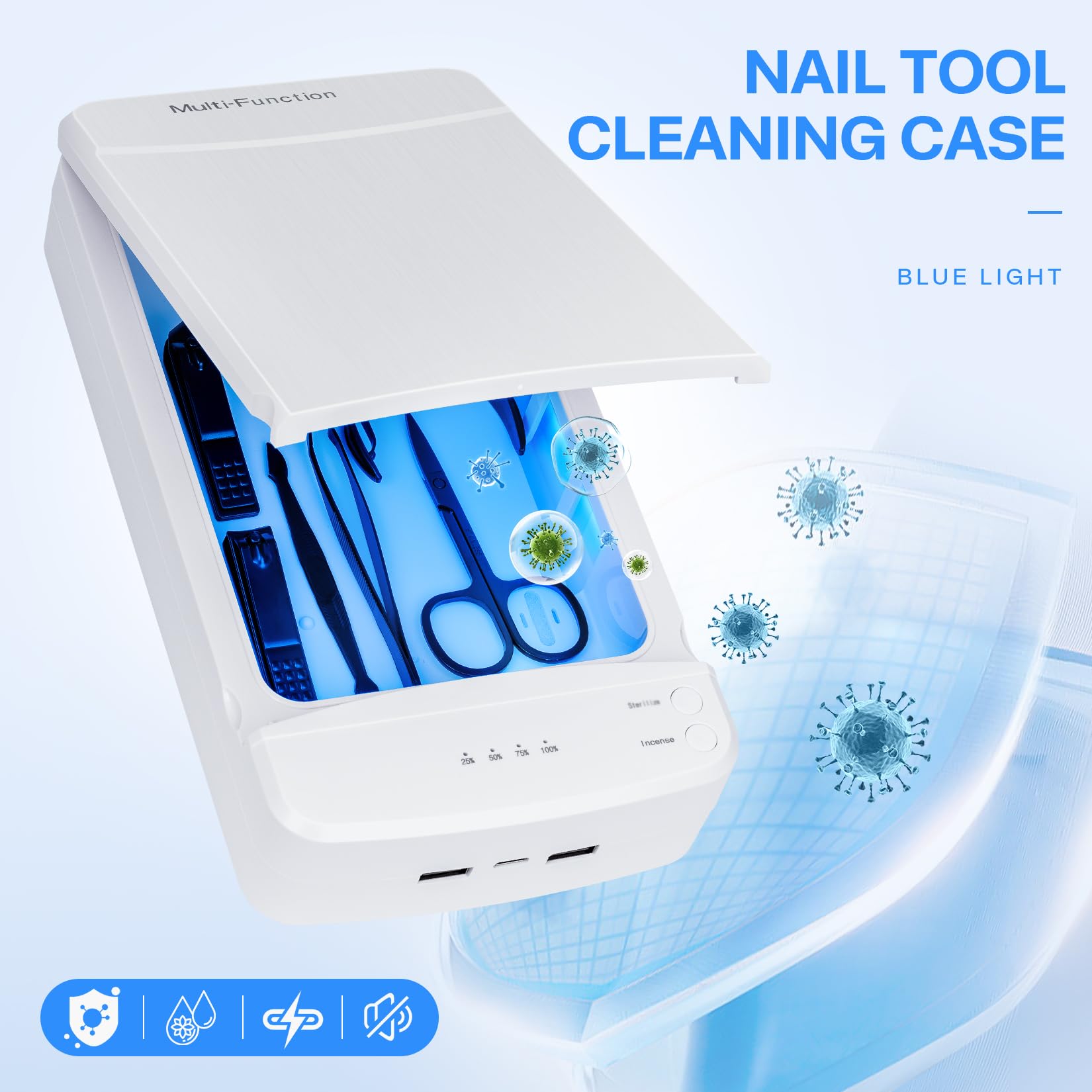 LXIANGN nail tool sterilizer blue light interior shows built-in disinfection chamber.