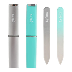 LYFENX mini glass nail file with case in silver and green for travel.