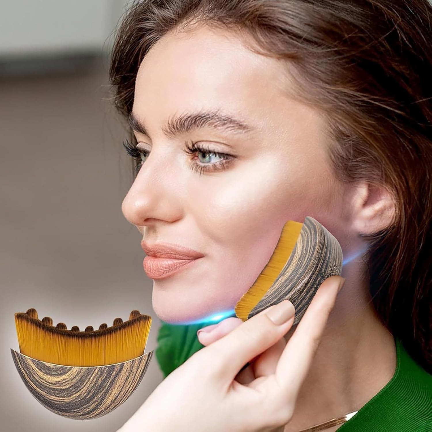 Lymphatic Contour Brush tracing the jawline for gentle lifting and definition.