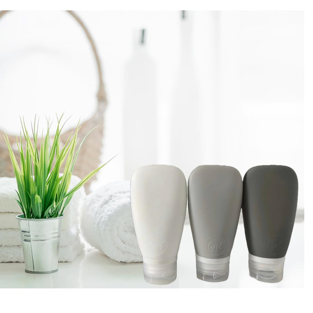 LYOB clear-view bottles show contents at a glance for easy trip planning.