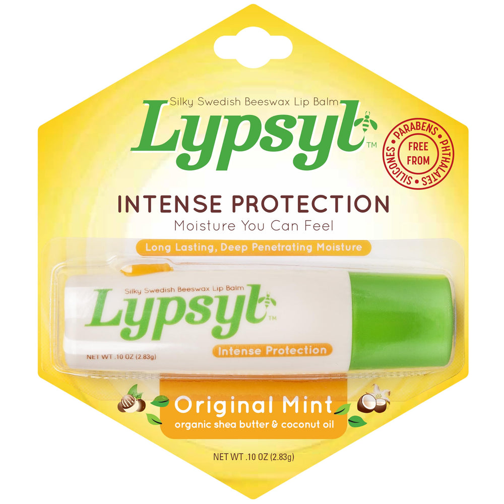 Lypsyl Intense Protection Original Mint packaging close-up showing on-the-go lip protection