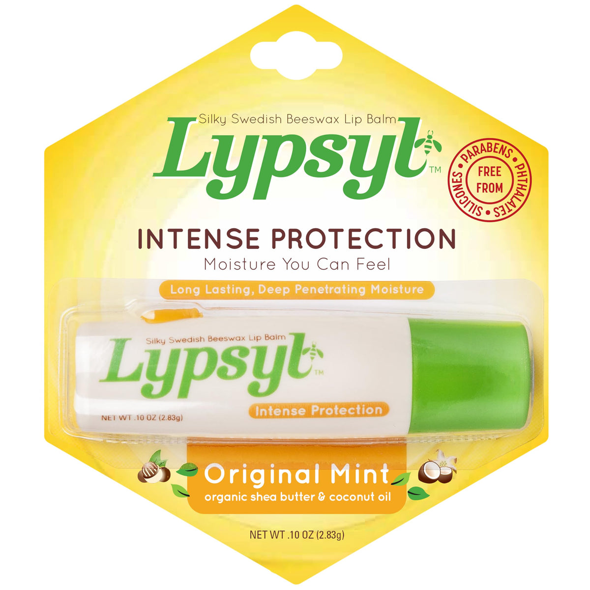 Lypsyl Intense Protection Original Mint packaging close-up showing on-the-go lip protection