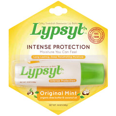 Lypsyl Intense Protection Original Mint packaging close-up showing on-the-go lip protection