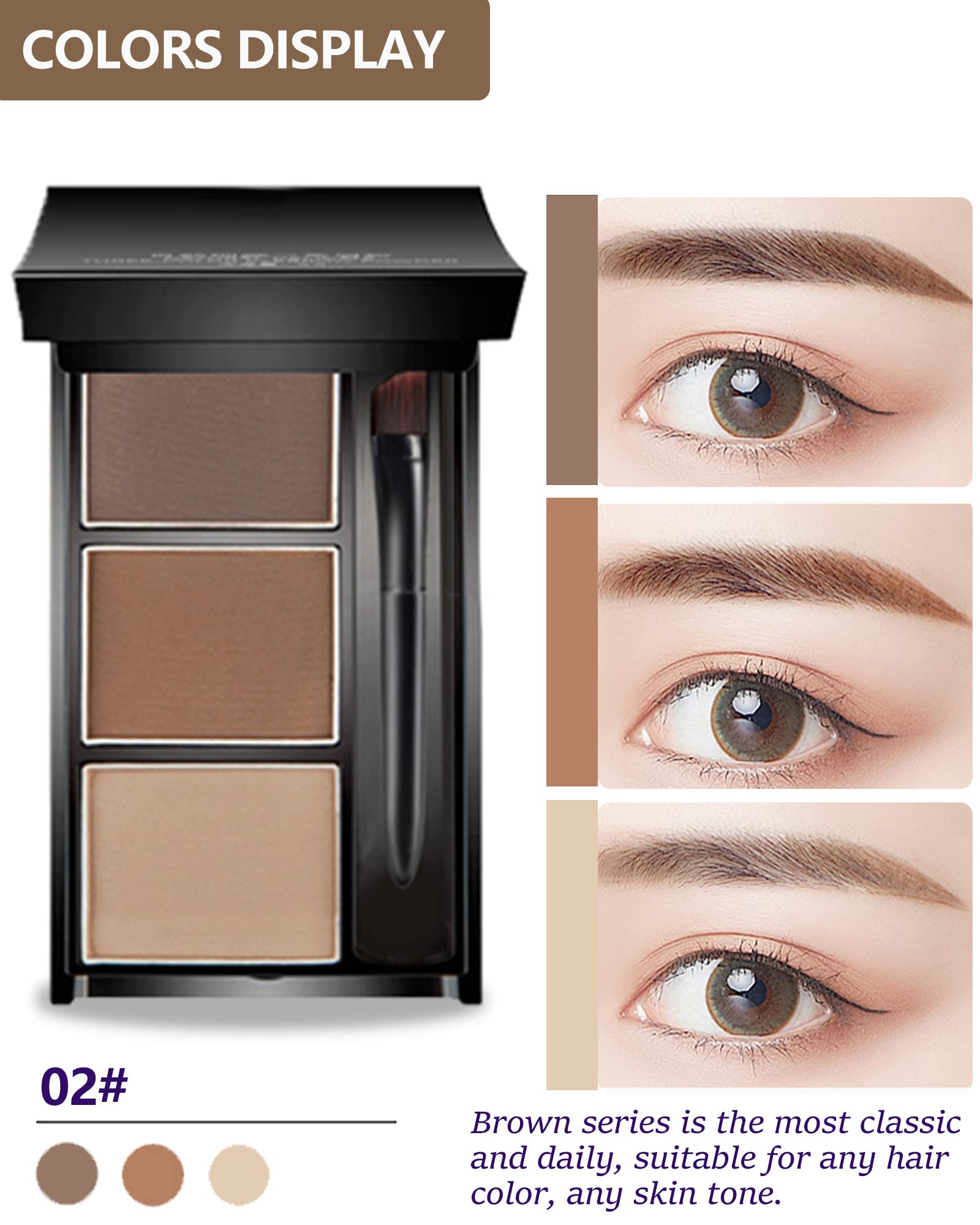Three matte brow shades blend smoothly for natural definition