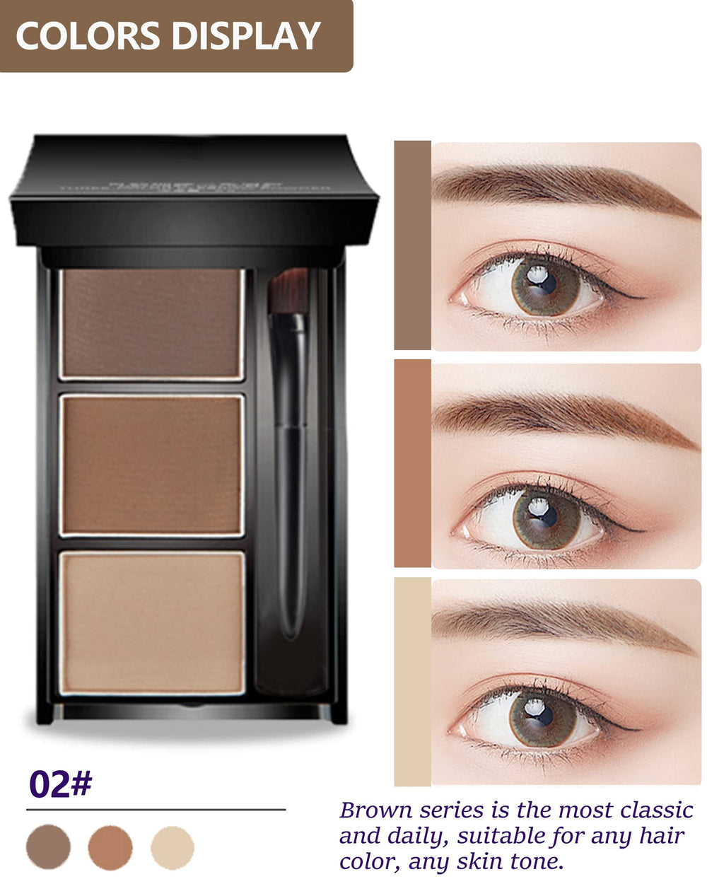Three matte brow shades blend smoothly for natural definition