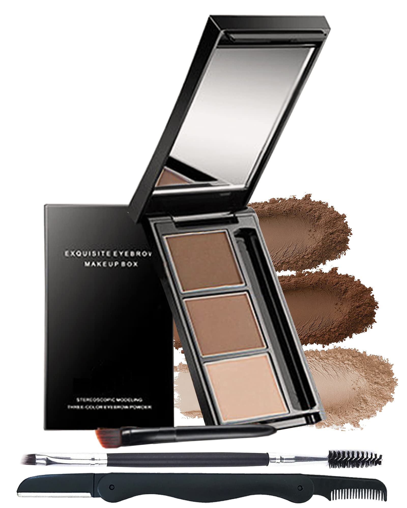 LYSdefeu eyebrow powder palette with 3 colors in an open case for easy shading