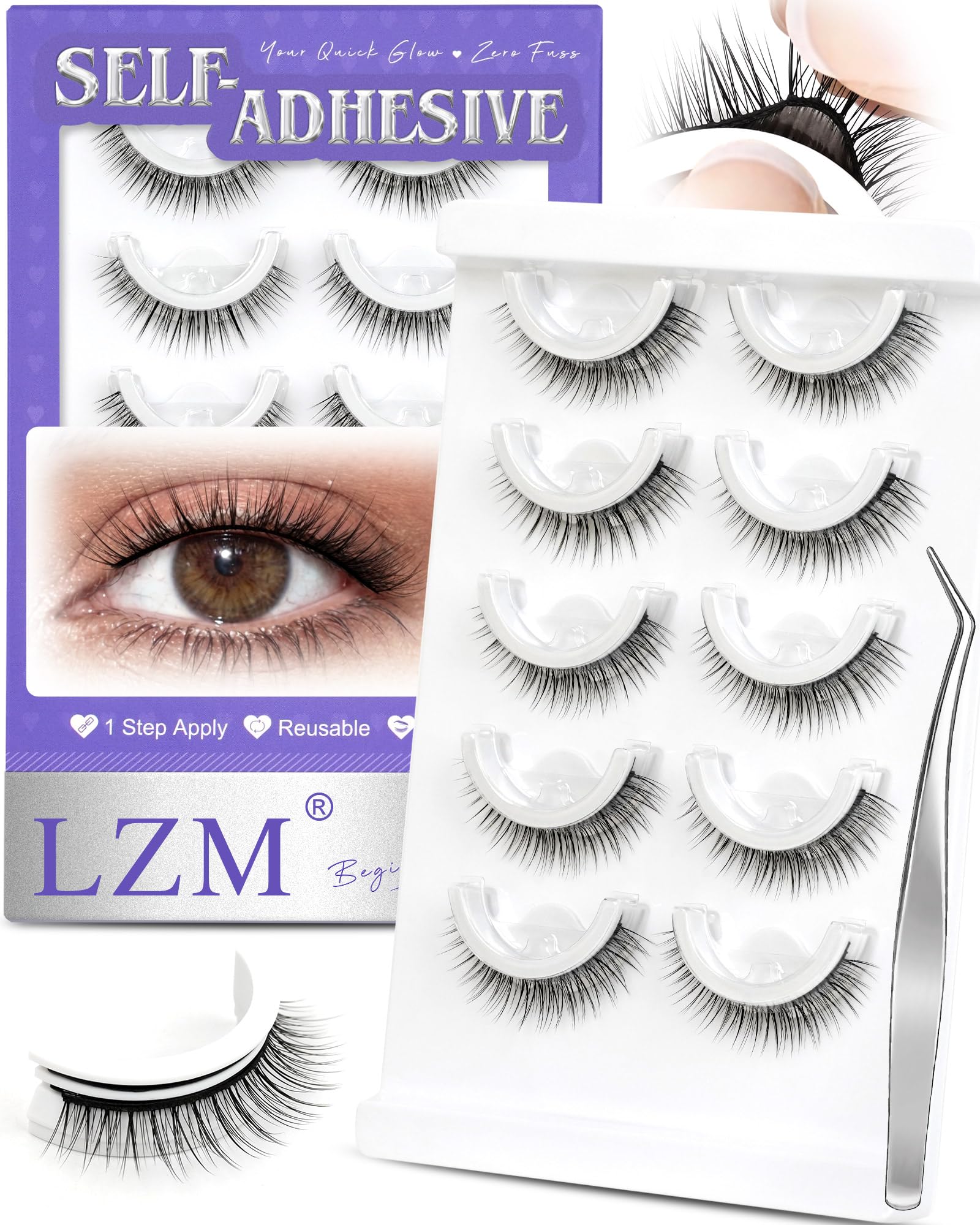 LZM self-adhesive eyelashes pack close-up for easy glue-free application