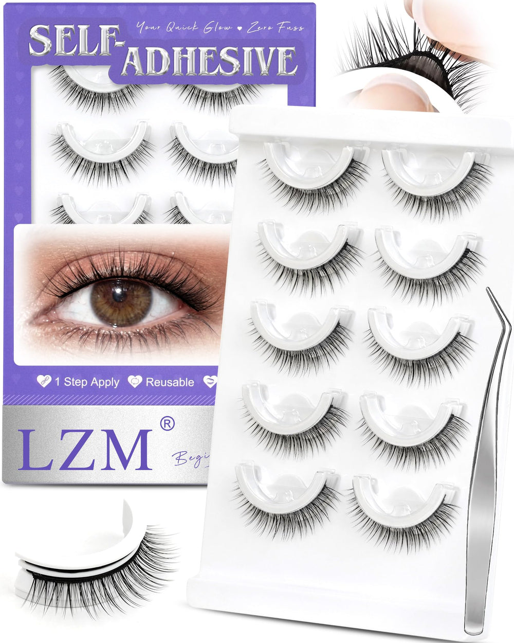 LZM self-adhesive eyelashes pack close-up for easy glue-free application