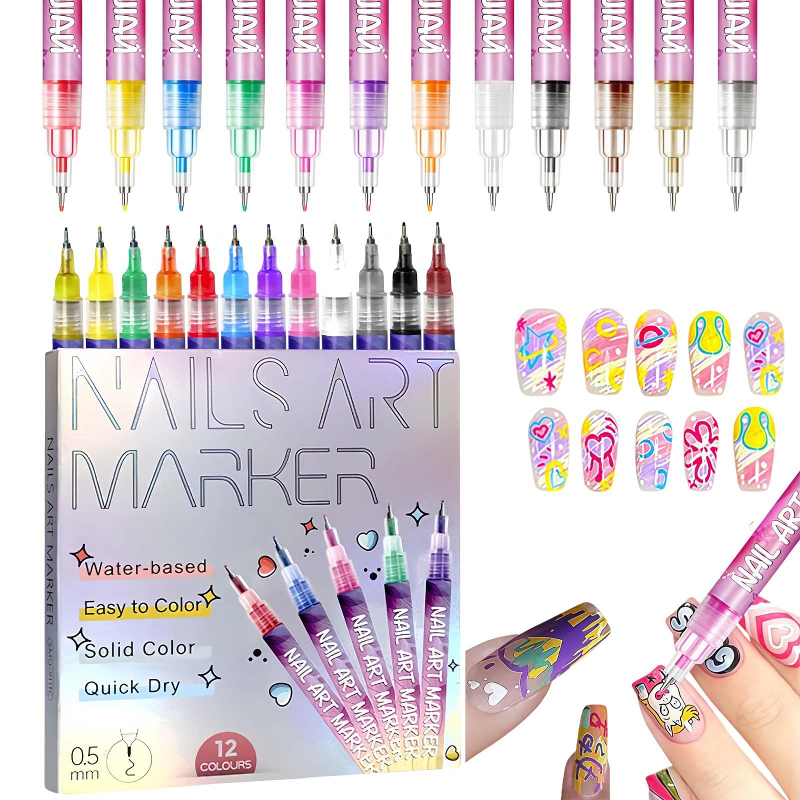 LZUPIKC Nail Art Pens Set with 12 vivid colors for crisp designs.