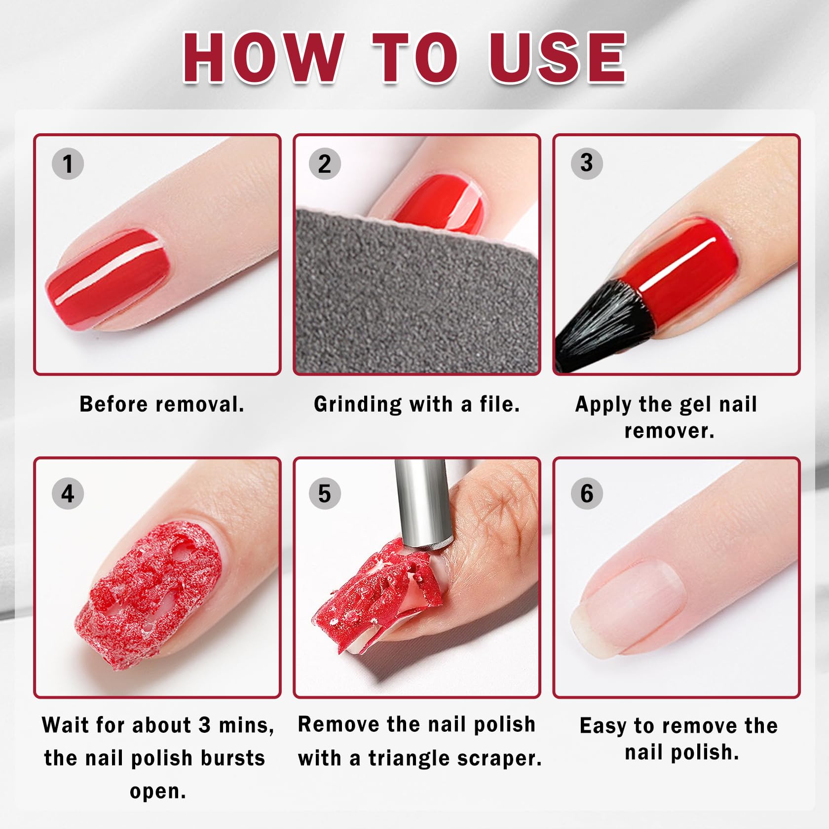Triangular scraper lifting softened polish from natural nails