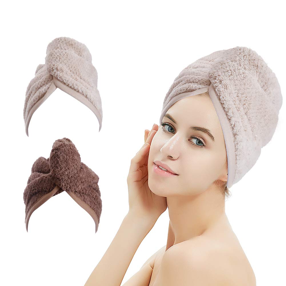M-bestl hair drying towel turban with button in khaki for secure, quick drying
