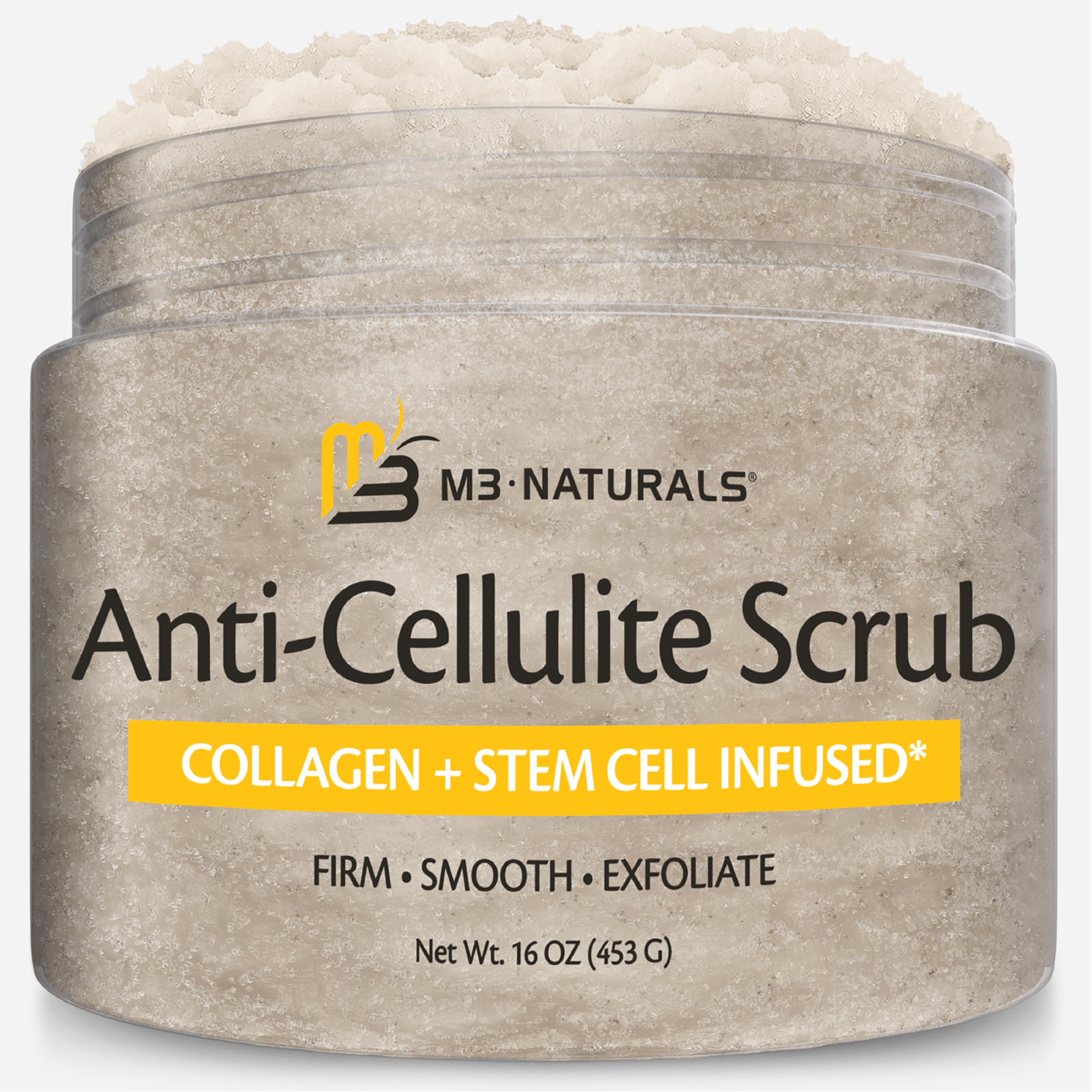 M3 Naturals Anti-Cellulite Scrub jar ready for exfoliation and smoother skin.