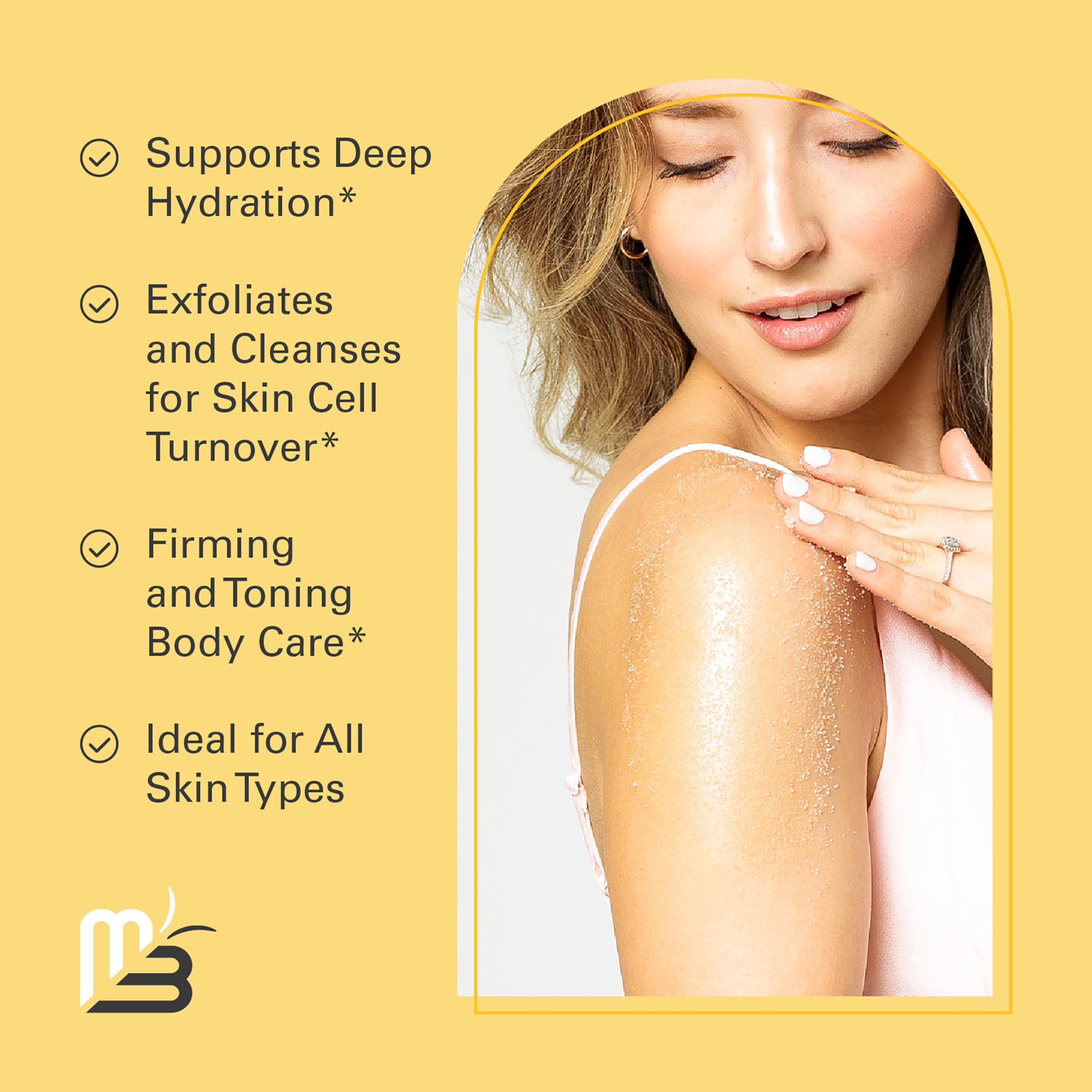 M3 Naturals texture close-up shows fine exfoliating salt for radiant, even skin.