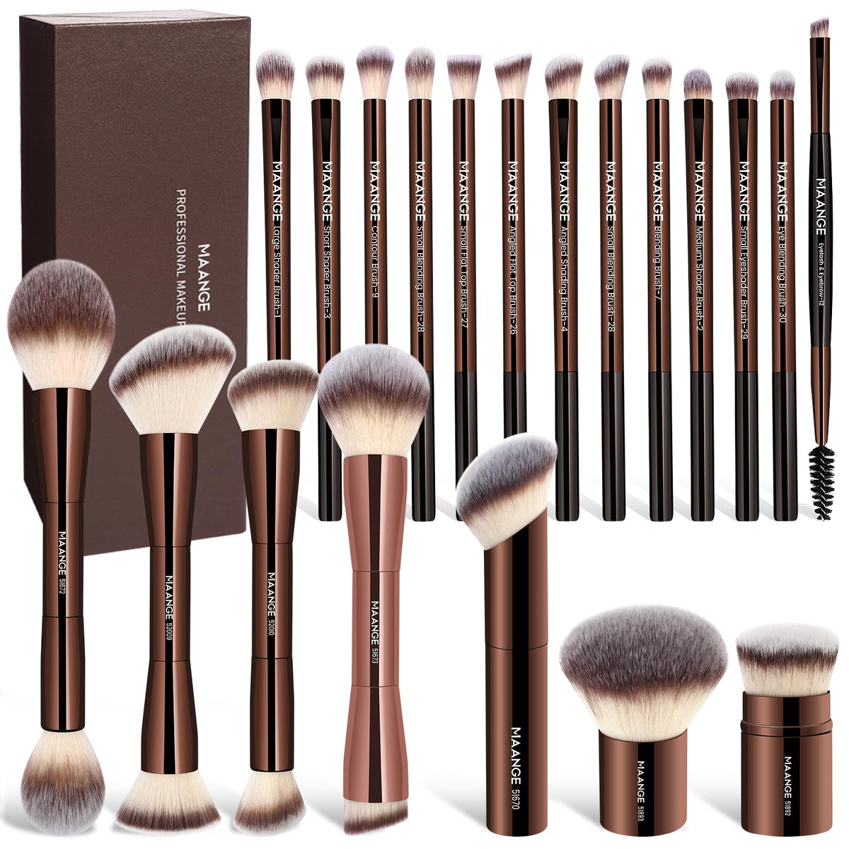 MAANGE 20-piece makeup brush set in an elegant gift box for organized routines.