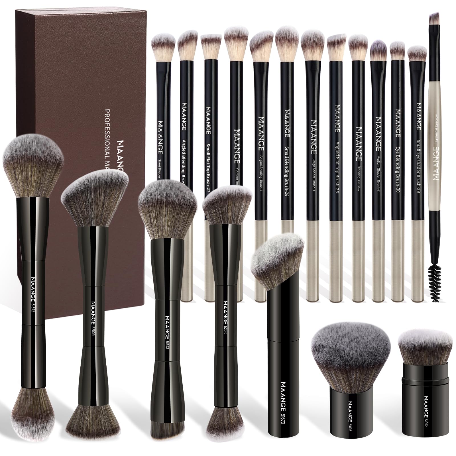 MAANGE 20-piece makeup brush set in black gift box for elegant gifting and storage.