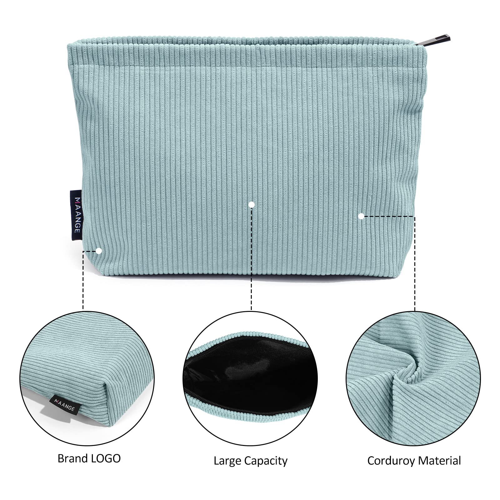 MAANGE green corduroy makeup bag side detail shows soft fabric and durable zipper