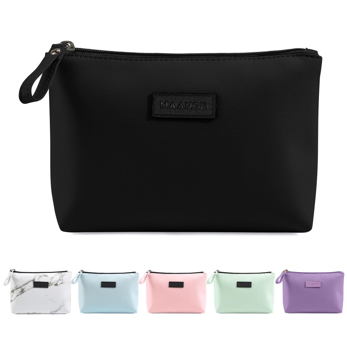 MAANGE cosmetic bag front view in black, compact organizer for daily use.