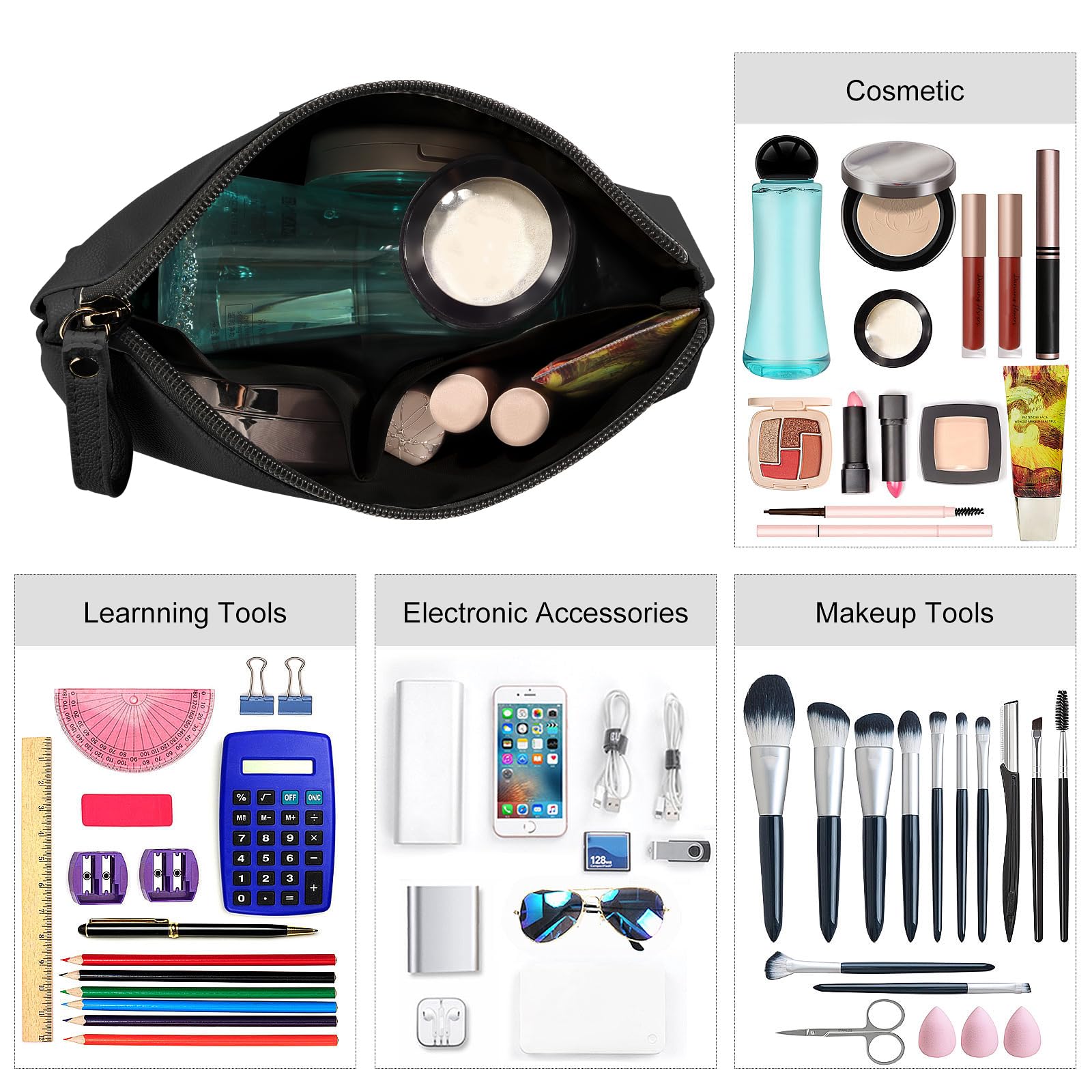 MAANGE cosmetic bag interior pockets in black, showcasing organized storage.