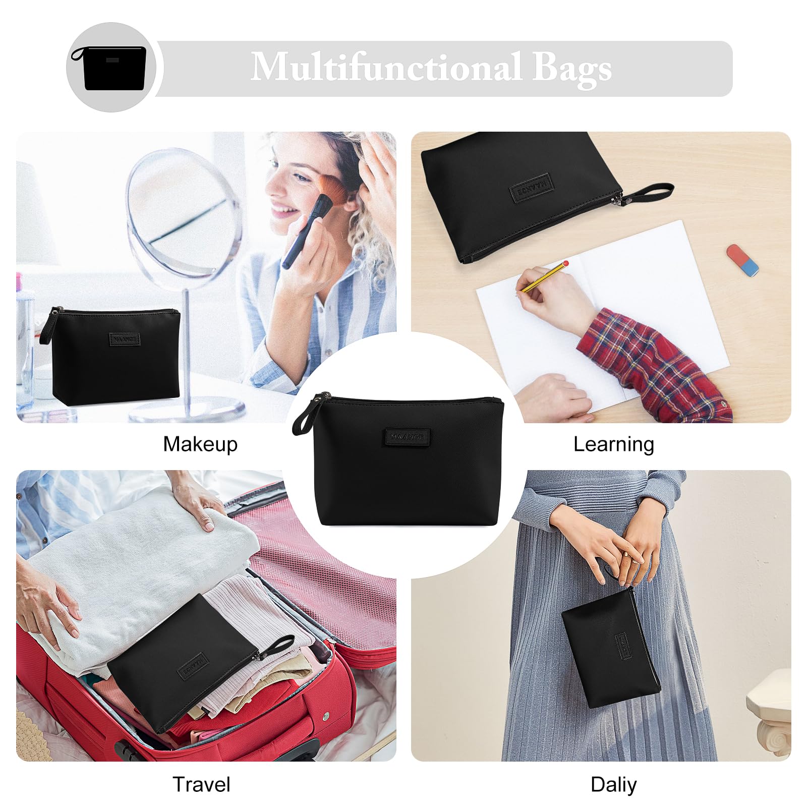 MAANGE cosmetic bag in use, purse-ready organizer in black for travel.
