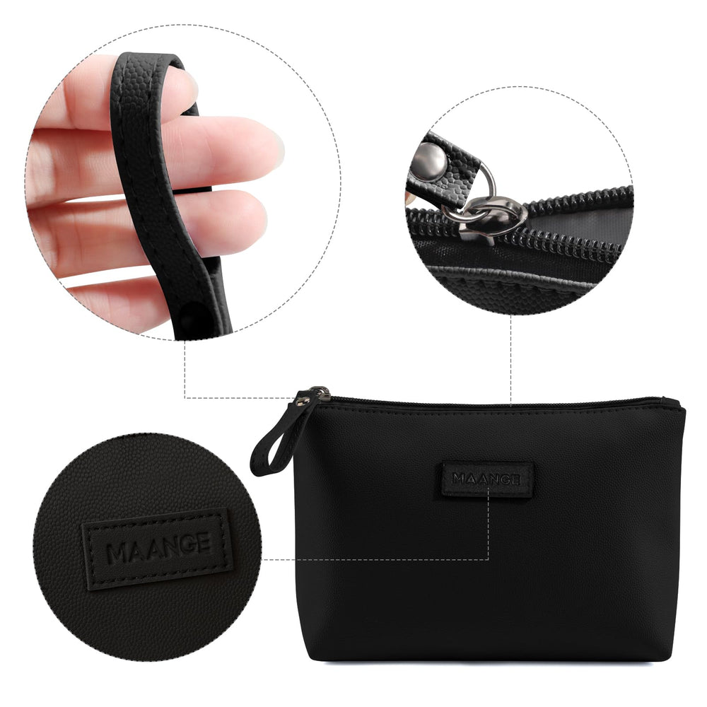 MAANGE cosmetic bag zipper detail in black, premium metal for smooth access.