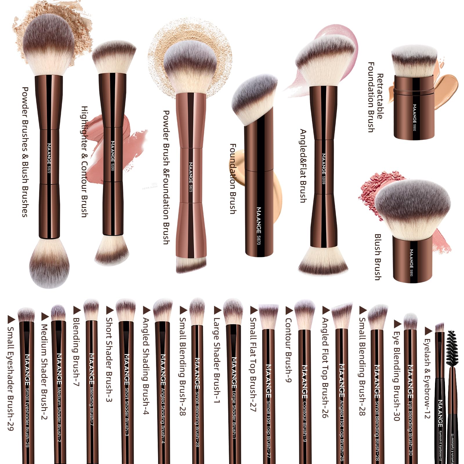 MAANGE double-ended kabuki brushes for versatile blending and even coverage.