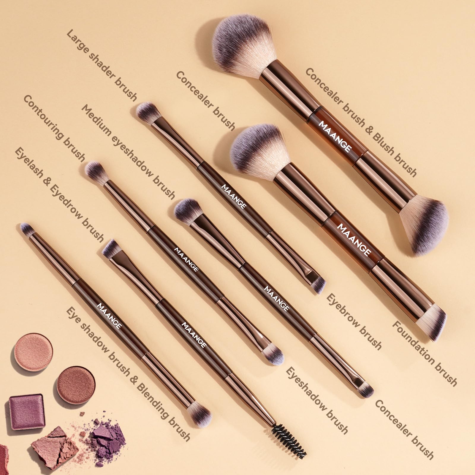 Eye brush collection for base, contour, eyeshadow, and detailing precision