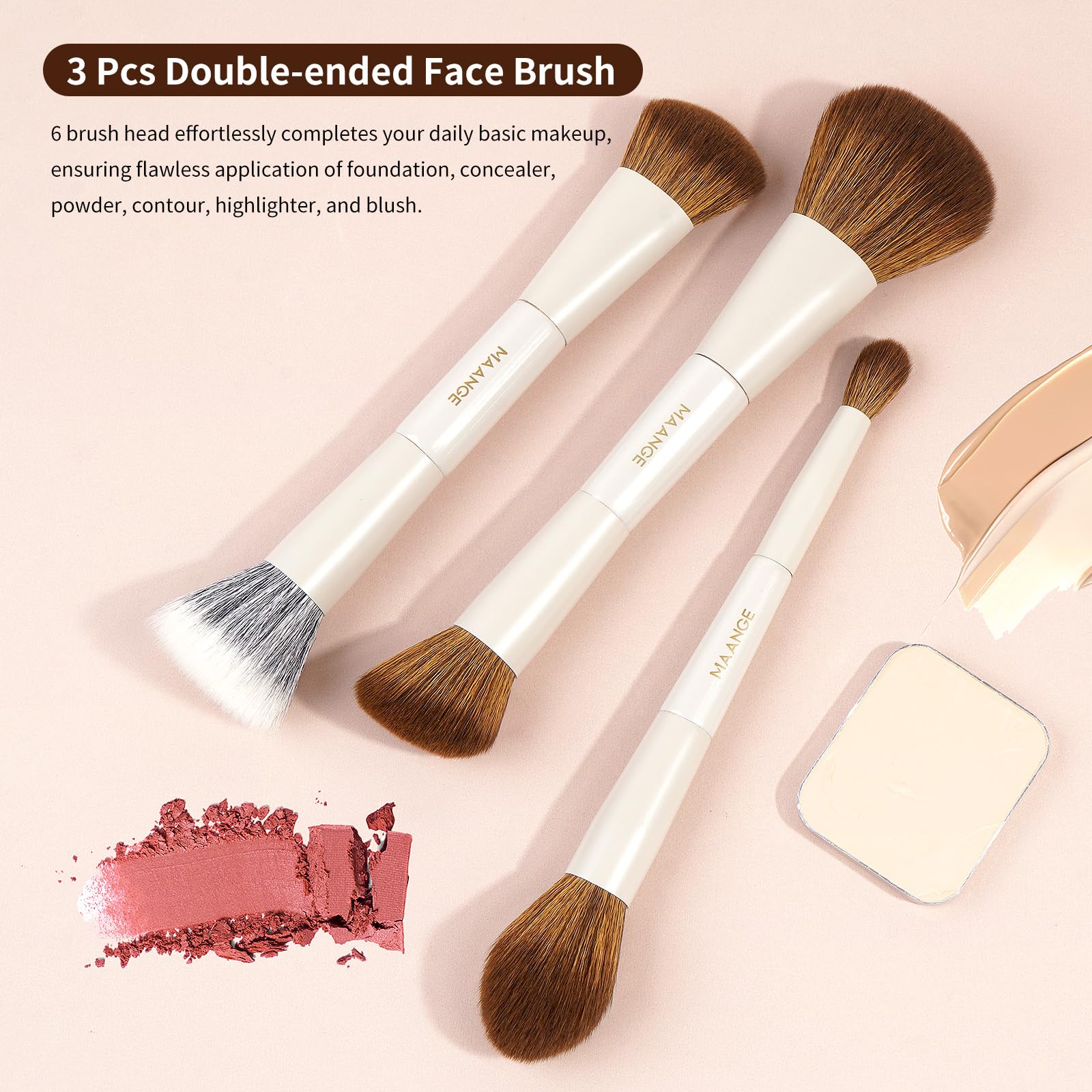 MAANGE makeup brush set, double-ended powder brush for quick, even application.