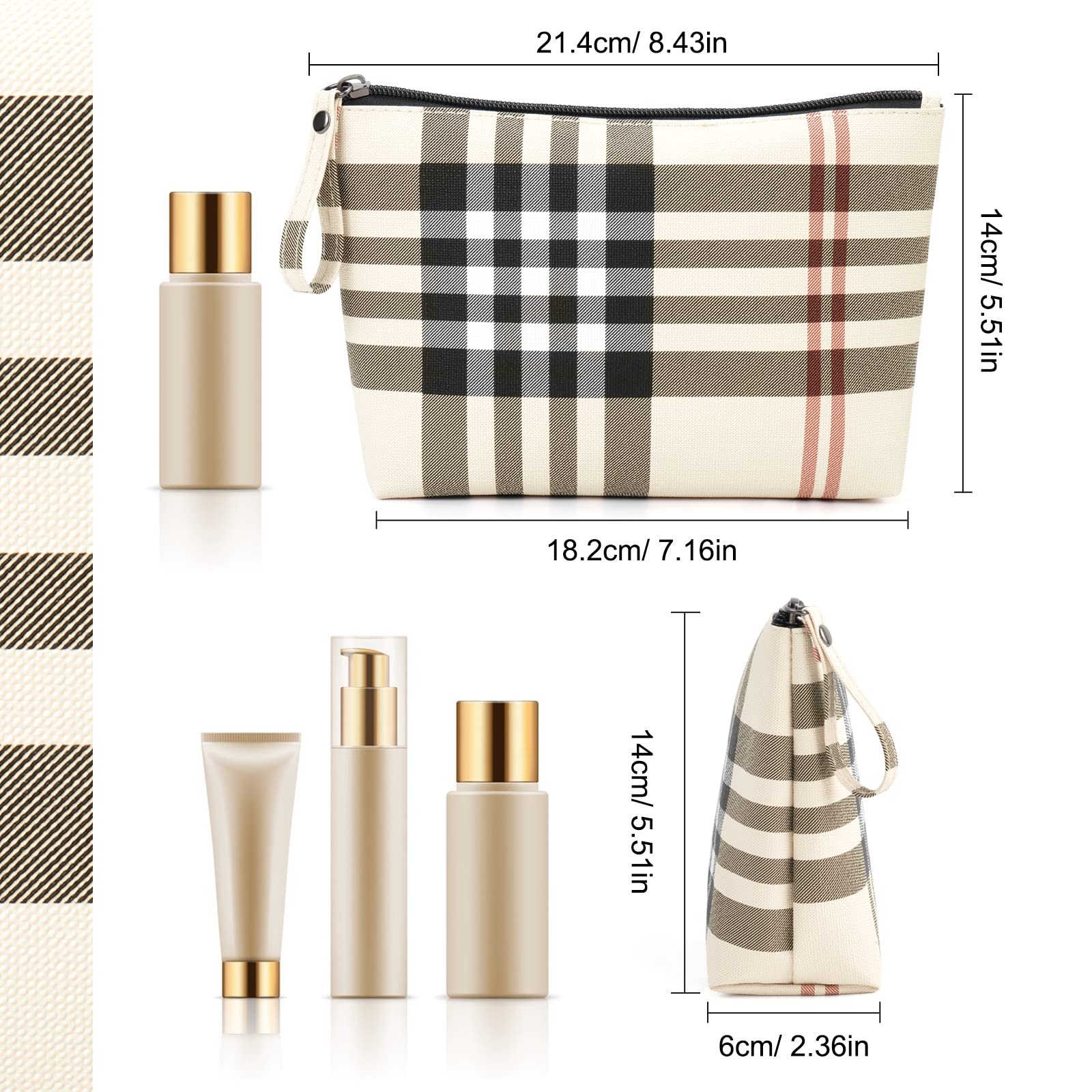 MAANGE khaki makeup bag dimensions fit lipstick, compact, and travel minis