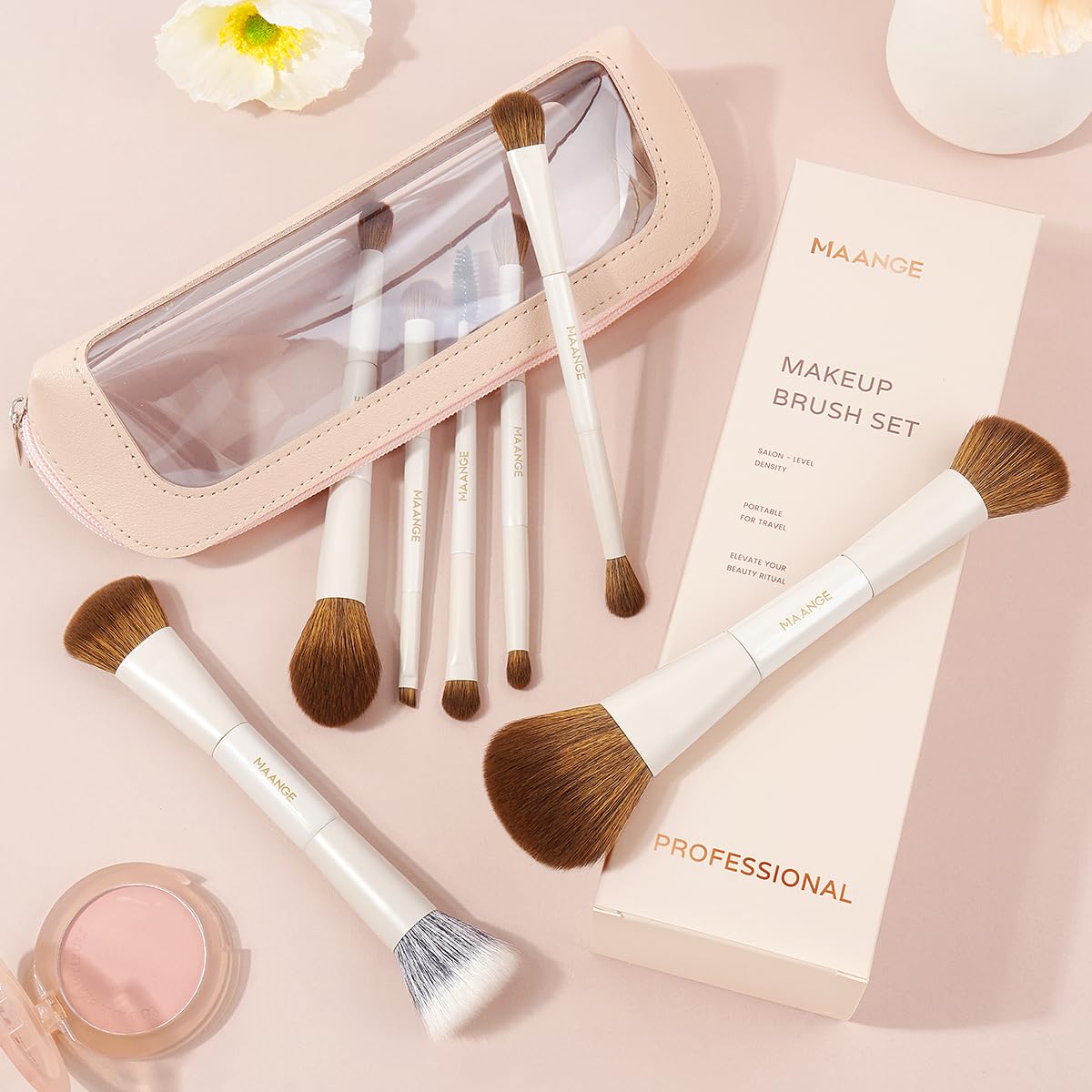 MAANGE travel case with brushes, ideal for on-the-go touch-ups.