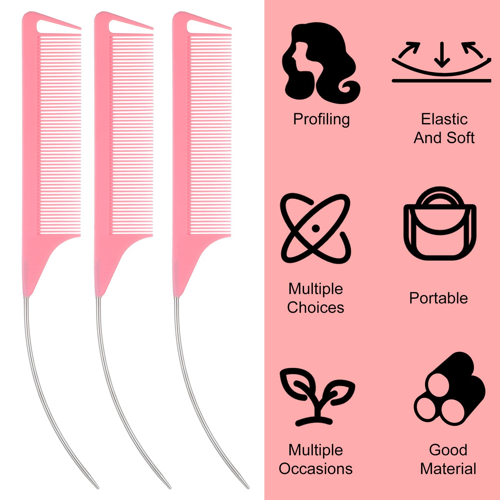 Mabor C-curved rat tail comb with steel needle for backcombing.