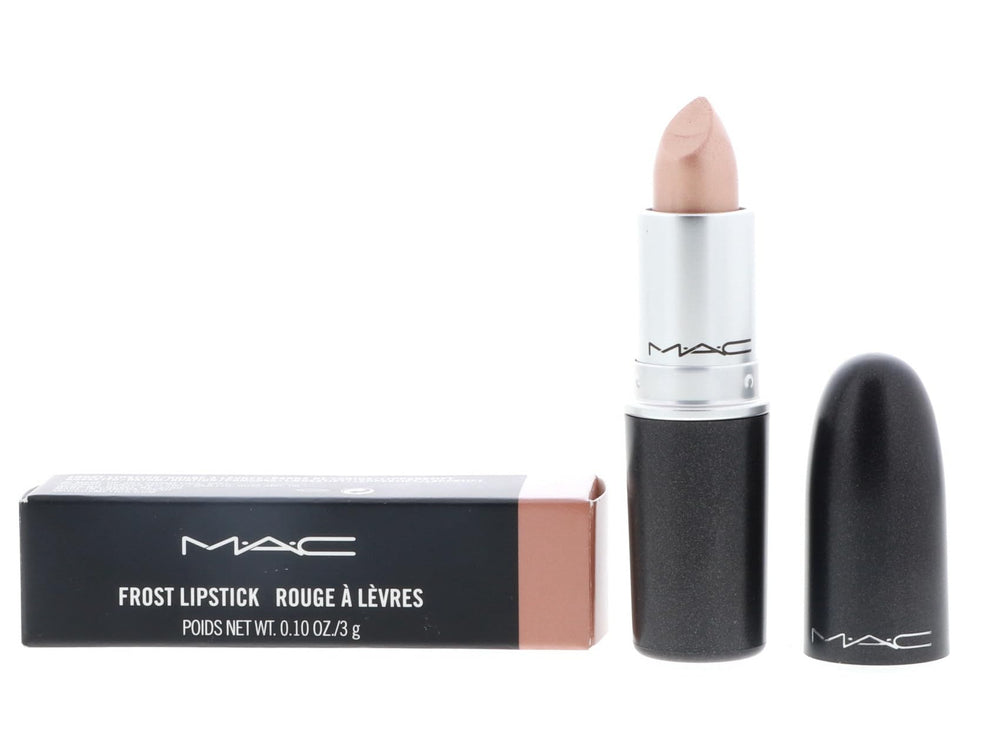 MAC Frost Lipstick GEL on lips closeup reveals glossy beige radiance and smooth texture