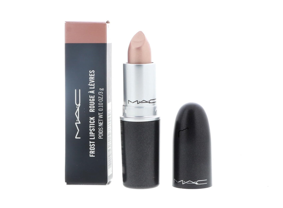 MAC Frost Lipstick GEL sheer beige swatch showing subtle metallic glow for versatile day-to-night color