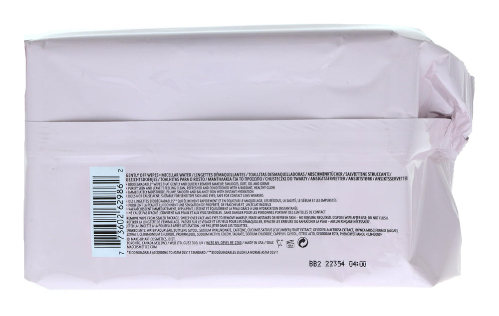 MAC Gently Off Wipes package front shows premium travel-friendly packaging