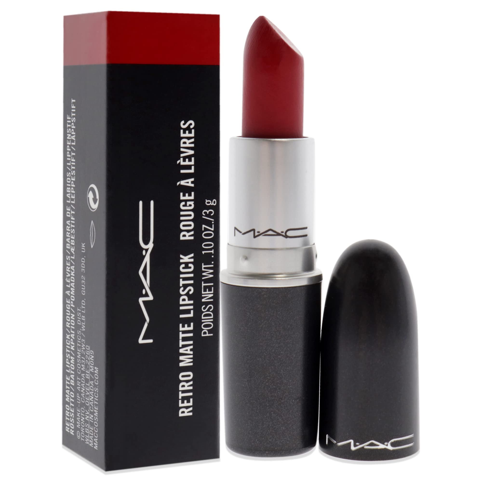 MAC Retro Matte Rub Ruby Woo on lips highlighting long-lasting color throughout the day.