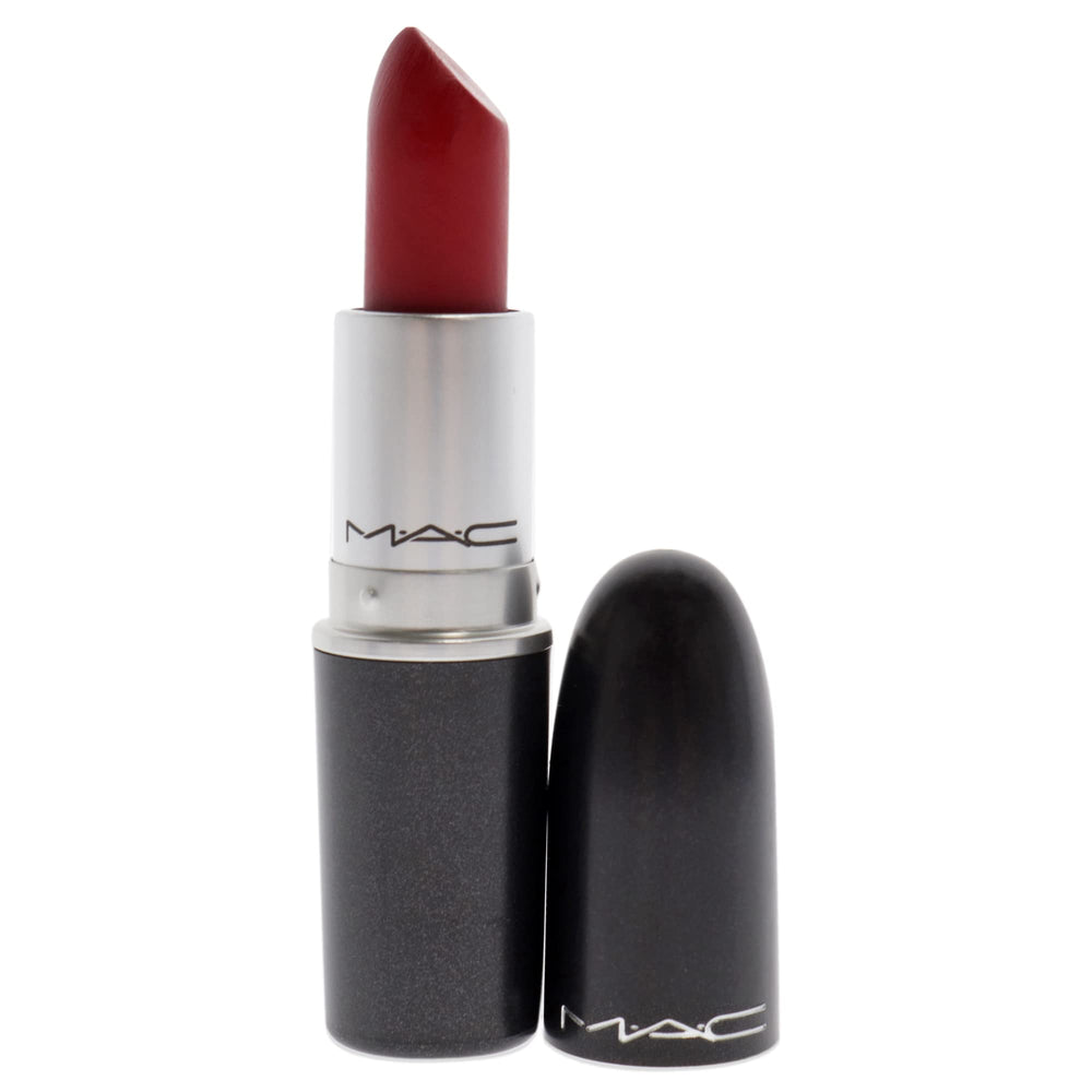 MAC Retro Matte Rub Ruby Woo swatch on arm showing iconic red shade intensity.