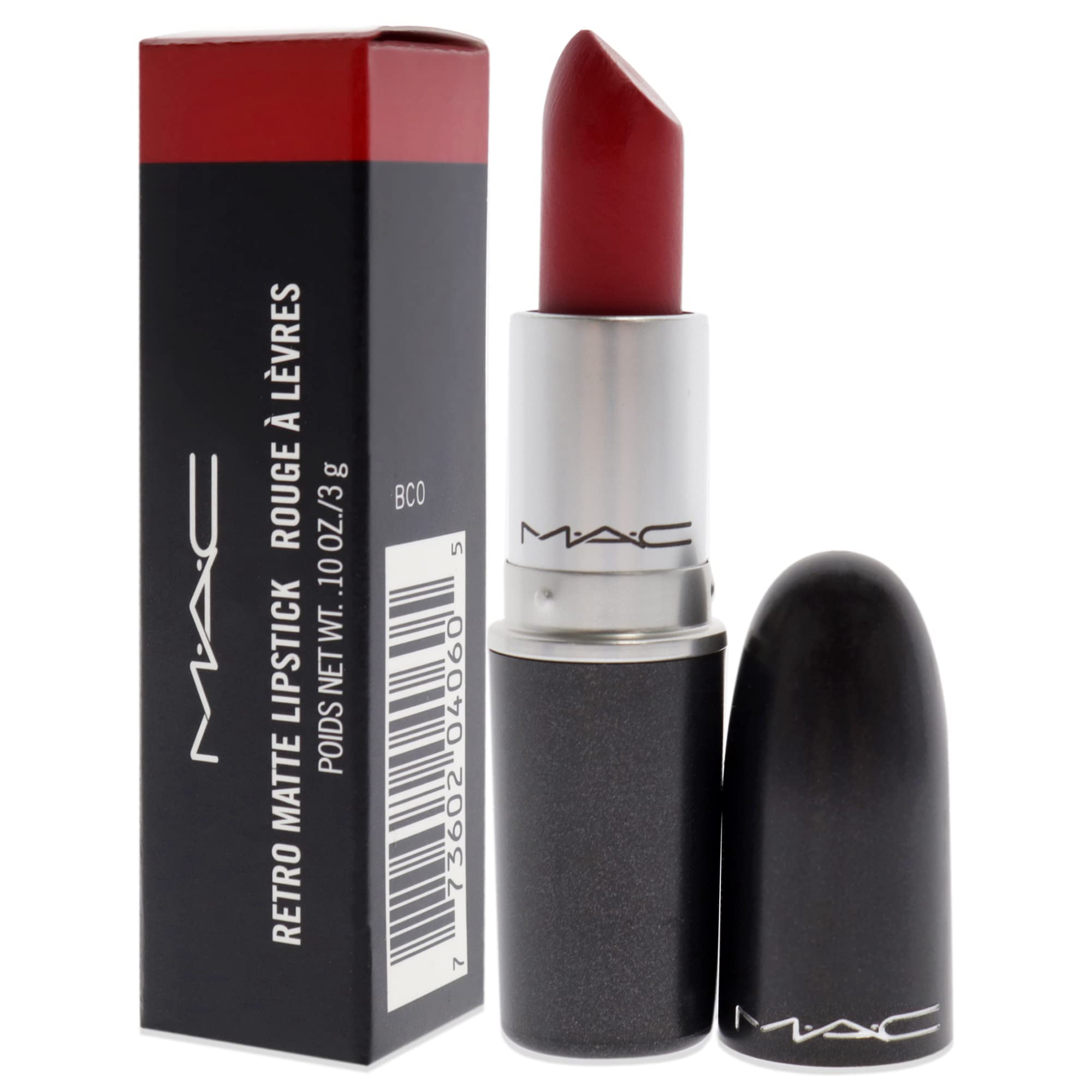 MAC Retro Matte Rub Ruby Woo lipstick texture close-up reveals smooth, even application.