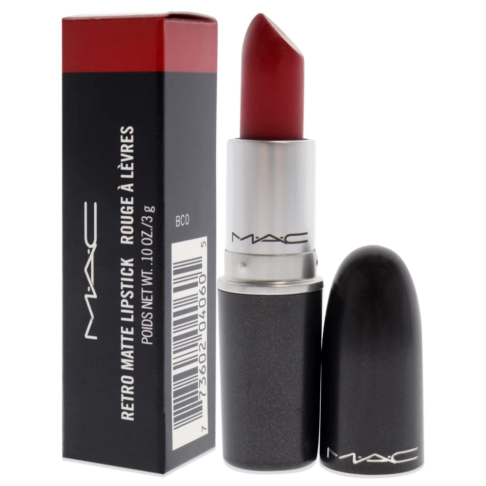 MAC Retro Matte Rub Ruby Woo lipstick texture close-up reveals smooth, even application.