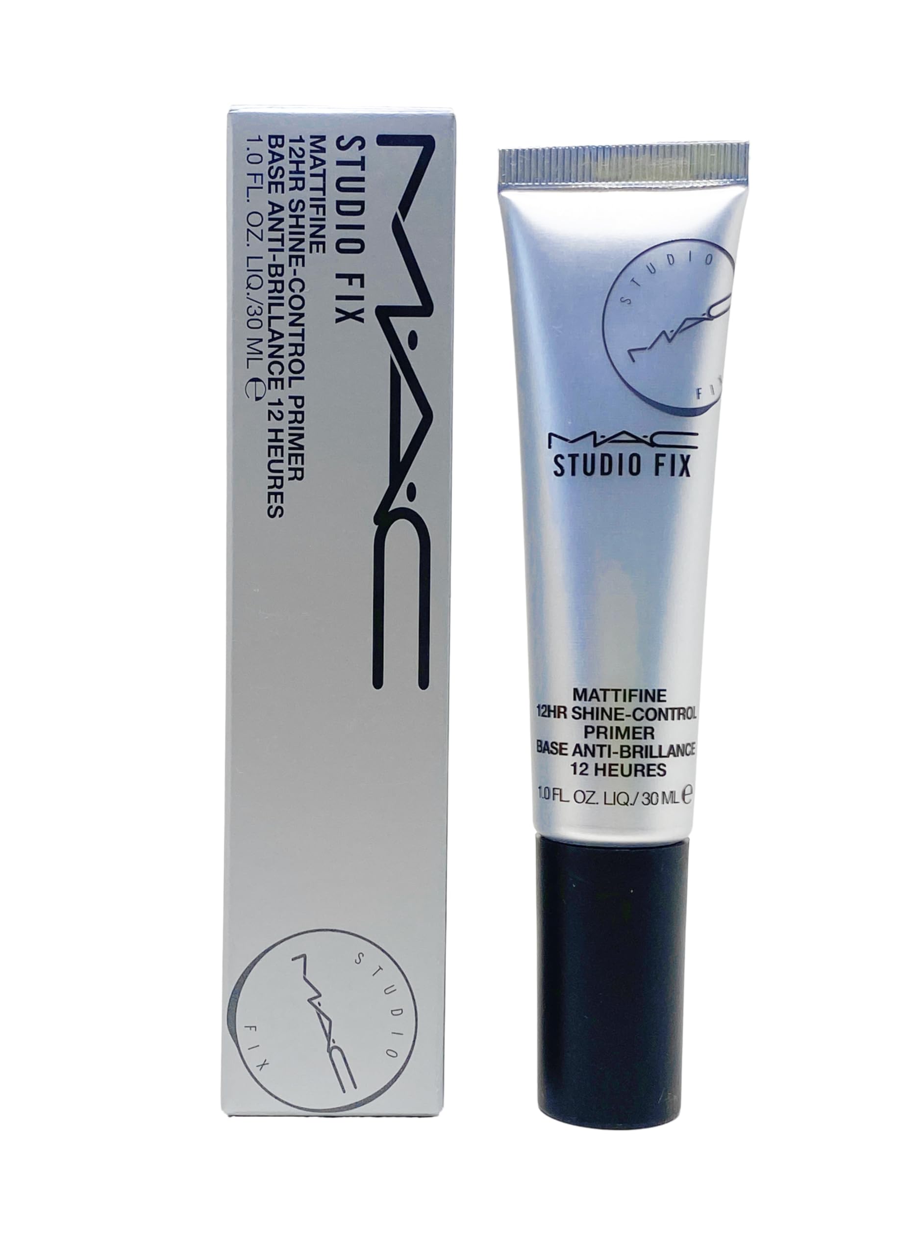 MAC Studio Fix Mattifine 12HR bottle shows matte finish and oil-control action.