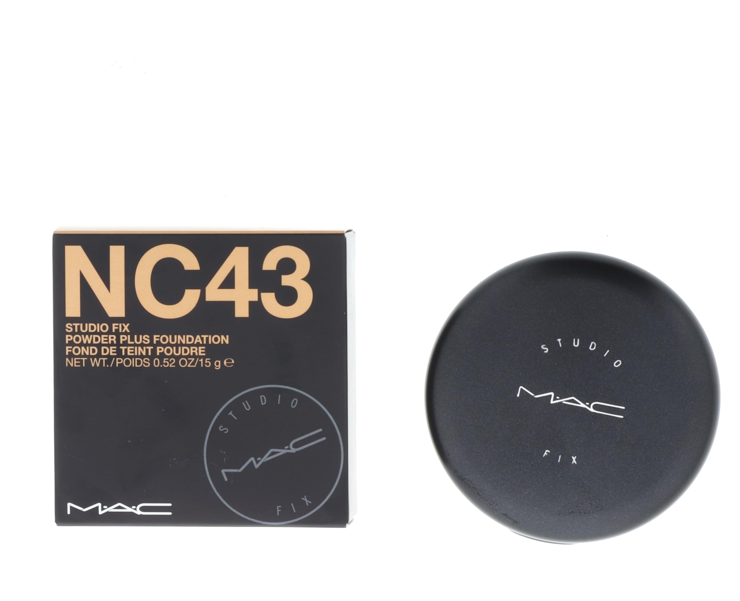 MAC Studio Fix Powder Plus Foundation NC43 compact for full-coverage, matte skin.