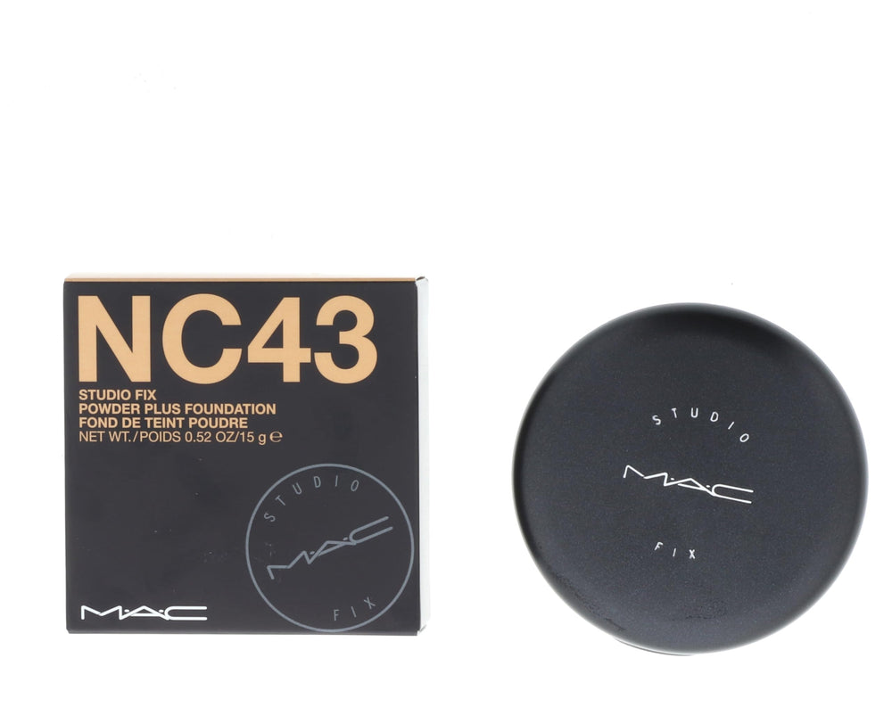 MAC Studio Fix Powder Plus Foundation NC43 compact for full-coverage, matte skin.