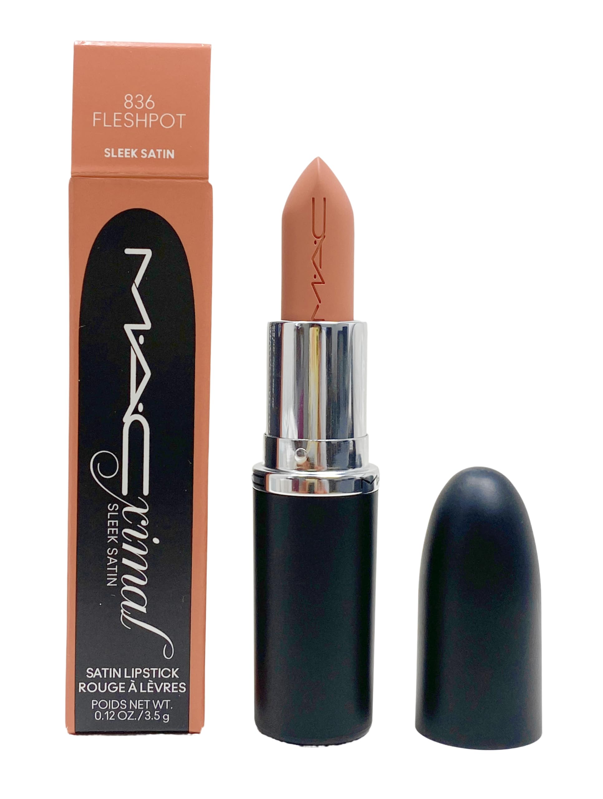 MAC Ximal labial satinado 836 Fleshpot muestra tono beige cálido para nude suave.