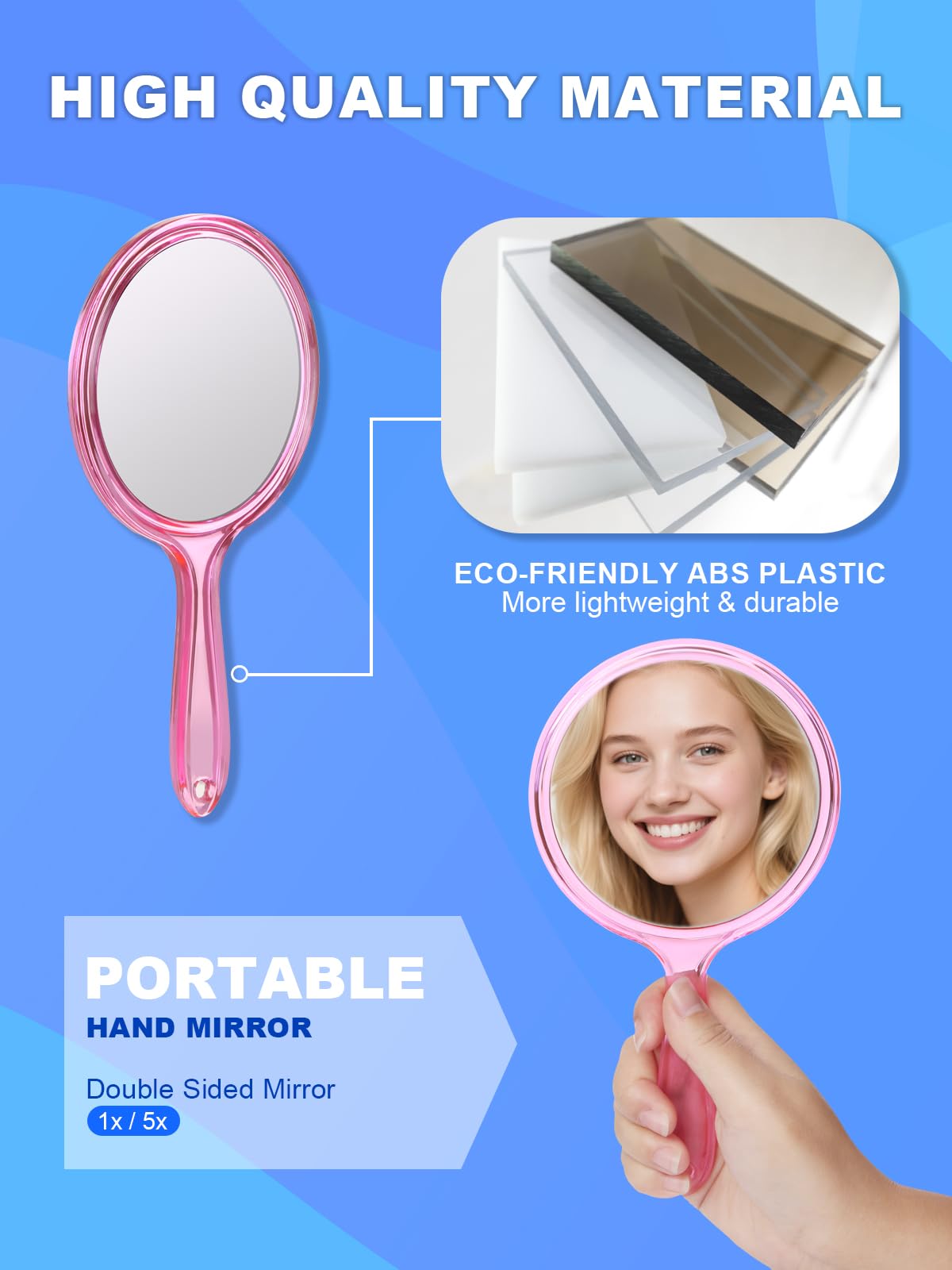 Macaki pink handheld mirror shows a large viewing area for makeup.