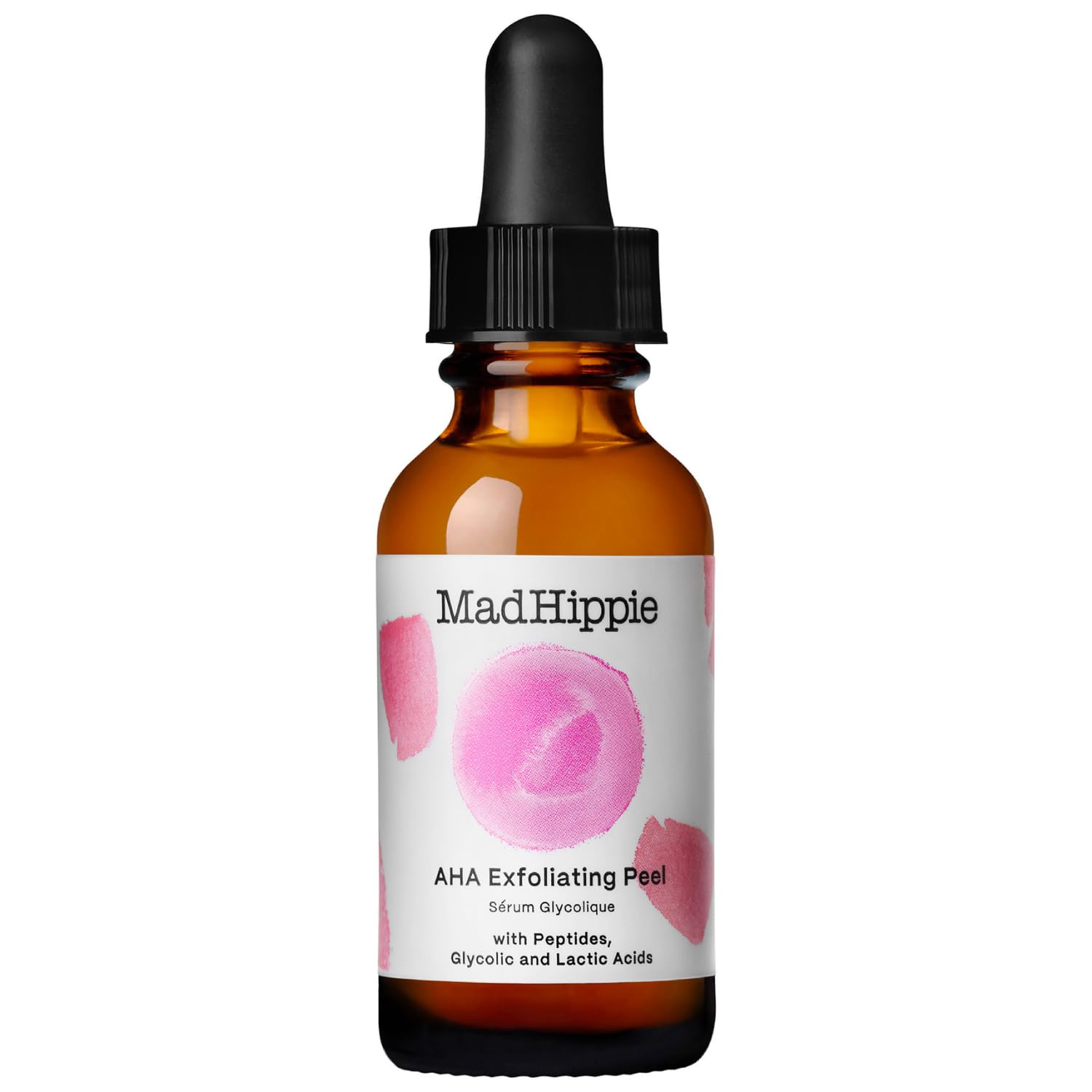 Mad Hippie AHA Exfoliating Peel bottle closeup highlights actives for smoother skin.